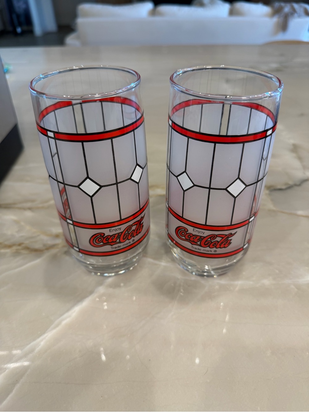 Coca Cola Clear Glass Tumblers with Red and Black Geometric Design - Set of 2